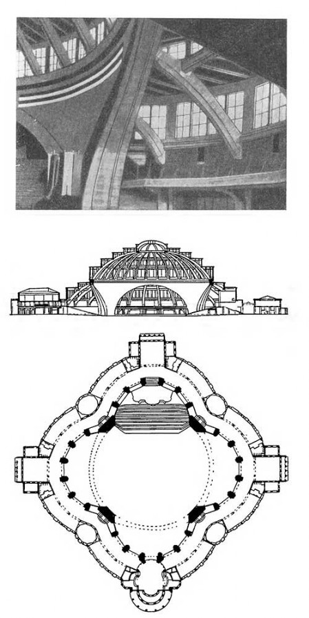 Бреслау. Зал столетия, 1910—1912 гг. М. Берг. Интерьер, план, разрез