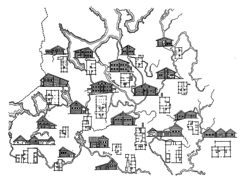 Карта основных типов русского народного жилища северных областей 